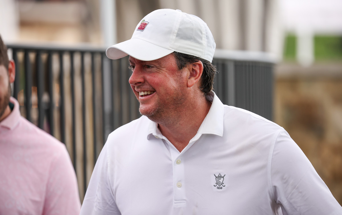 Nathan Smith smiles on the 18th hole during the second round of stroke play at the 2022 U.S. Amateur Four-Ball at Country Club of Birmingham (West and East Courses) in Birmingham, Ala. on Sunday, May 15, 2022. (James Gilbert/USGA)