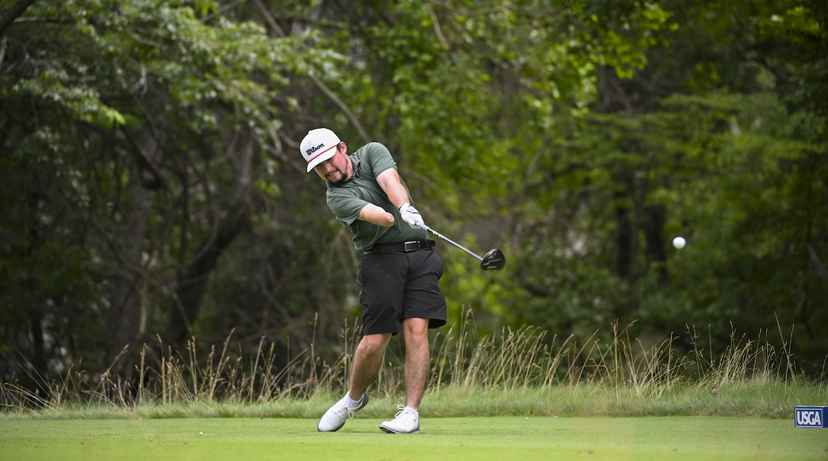 Harley Hartle plays first shot on the 17th tee during the first round of the 2025 U.S. Adaptive Open at Woodmont Country Club (South Course) in Rockville, Md. on Monday, July 7, 2025. Photo courtesy Ted Pio Roda/USGA