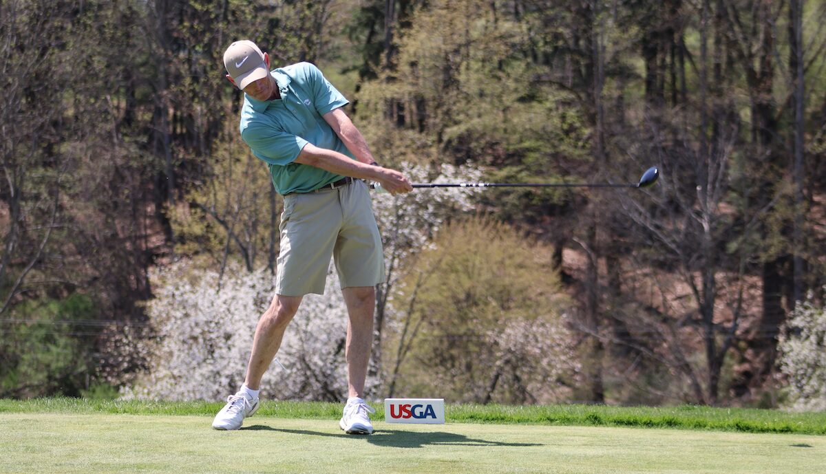 Scott Shingler teeing off on #18 at Indiana Country club in U.S. Senior Open Local Qualifying.